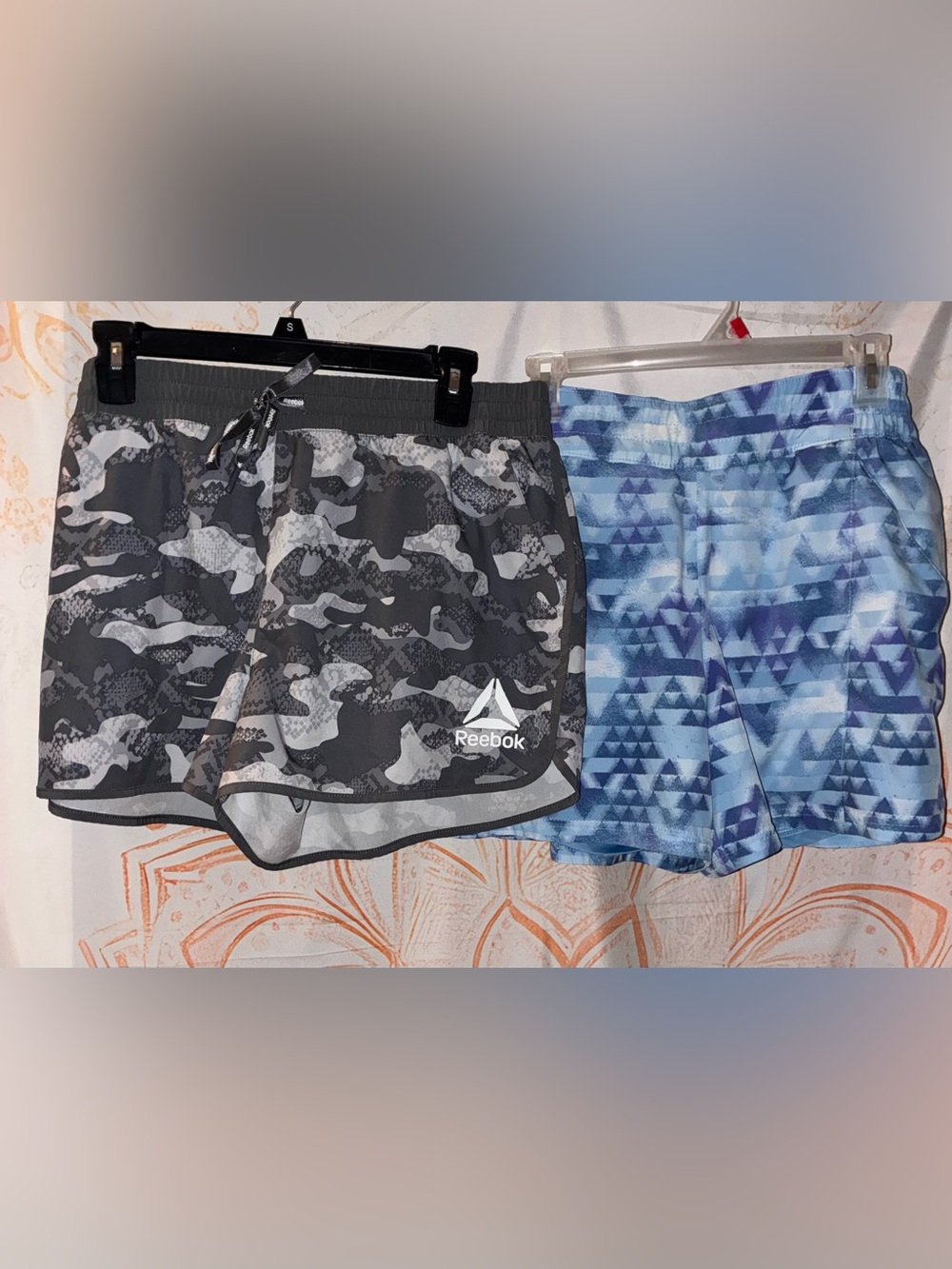 Reebok Gray and Black Camo Running Shorts & Columbia White & Blue Shorts #bundle